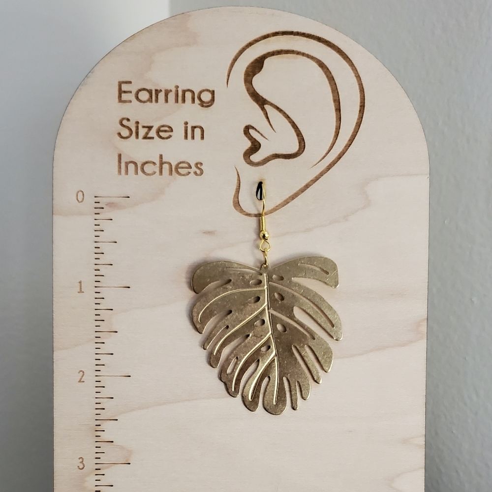 Brass Monstera Leaf Earrings - image 3